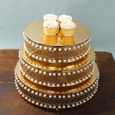 3 Gold Pearl Beaded Metal Cake Stands Mirror Top Party Event Decoration Supplies