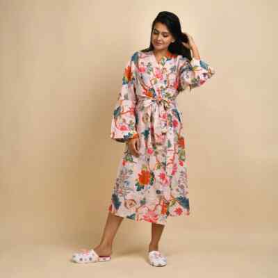 Indian 100% Cotton Long Kimono Women's Bath Robe Peach Color Floral Kimono Robe