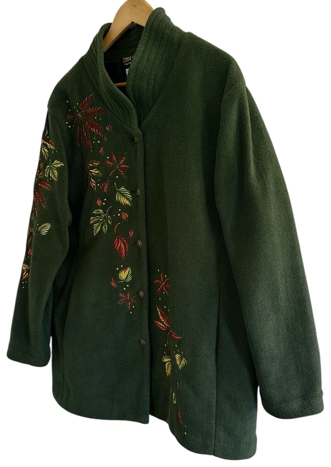 Bob Mackie XL Verde Otoño Hoja Bordada Botones Usable Arte Polar Chaqueta Foto 2 de 4
