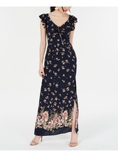 TEEZE ME Womens Maxi Dress Navy Slitted Ruffled Cap Sleeve Floral Bow Juniors 5