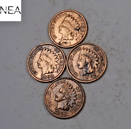 1891+1892+1898+1902 Indian Head Penny Cent ~ XF/AU ~ 4 Coins ~ ZIL88