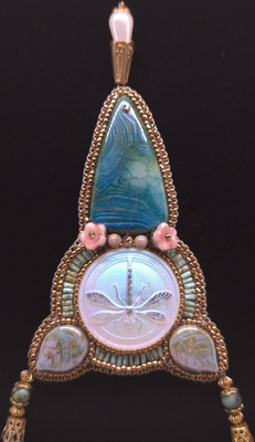 Artisan Handcrafted Beaded Pendant Necklace Dragonfly Motif Blue Gold Pink