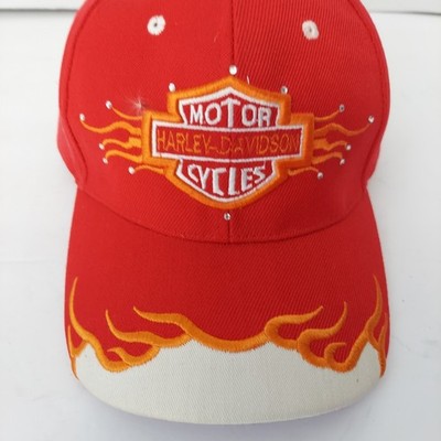 Harley Davidson Hat Hook & Loop Red Orange Firey Sequins Motor Cycles Air Vents