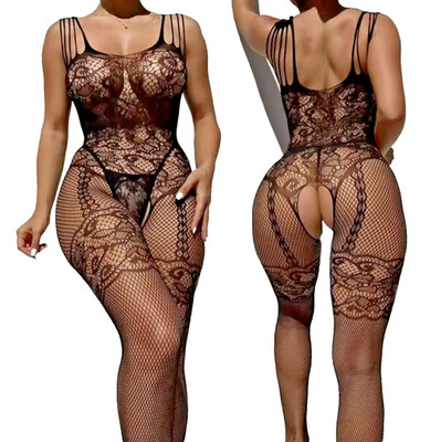 Bodystocking Straps Catsuit Dessous Blumenmuster Sexy Erotik Schritt offen XS-M