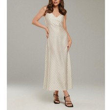 Sinsay Satin Polka Dot Maxi Dress Sleeveless V Neck Elegant Retro White Medium