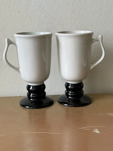 Vintage Hall White & Black Irish Coffee Footed Pedestal Mugs USA 1273 - Set of 2