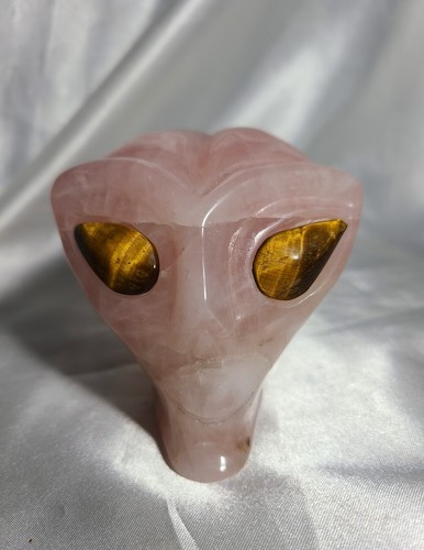 3" 442g Rose Quartz Tiger Eyes Alien Star Being Head Skull Crystal Carving - Picture 2 of 14