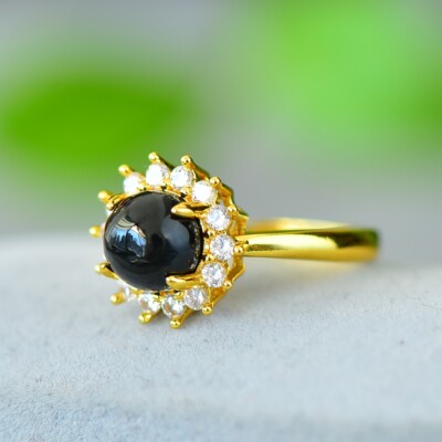 18K Gold Plated Black Jade Ring Inlaid Crystal Ring Women's