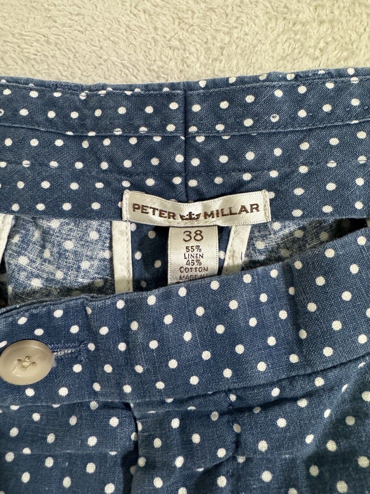 Peter Millar Chino Shorts Mens 38* Blue Polka Dots Linen Blend