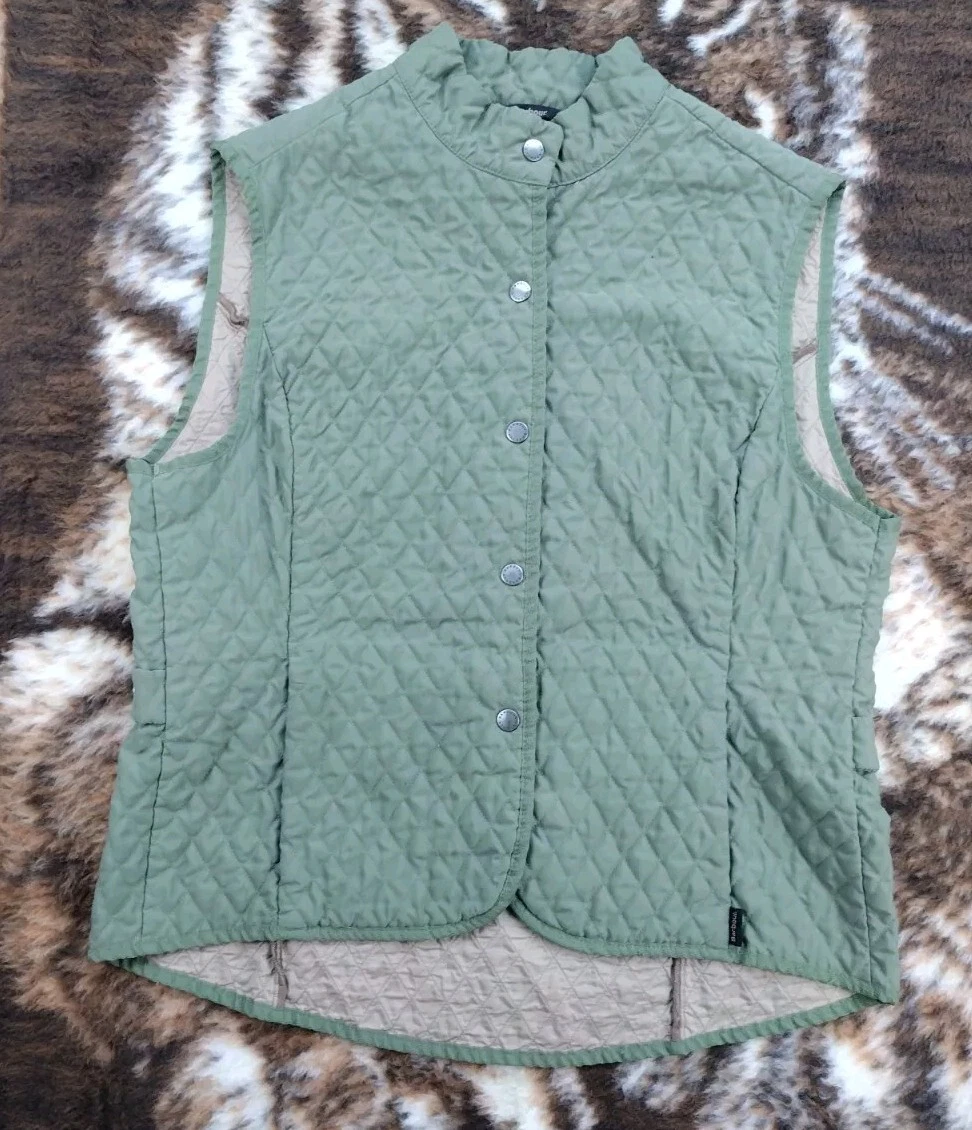 Barbour Fulbourn Quilted Gilet Vest Olive Green Snap Outdoors Women's Size 12