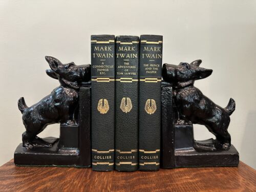 "Paar Vintage Metall schwarz Scottie Scotty Dog Terrier Buchstützen 6 3/4"" x 5"""