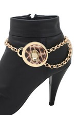Fun Women Gold Metal Chain Artsy Boot Bracelet Shoe Animal Print Charm Accessory