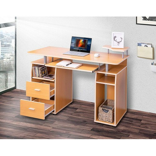 Home Office Folding Desk Pull Out Tray Brown Solid Wood Computer