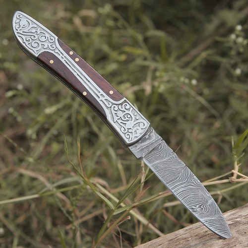 Personalized Engraved Knife Custom Damascus Hunting Folding Pocket Knife Sheath - Picture 2 of 12