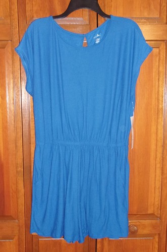 Just Be Romper Womens Blue SS Lightweight POCKETS Keyhole Back - Large - NWT