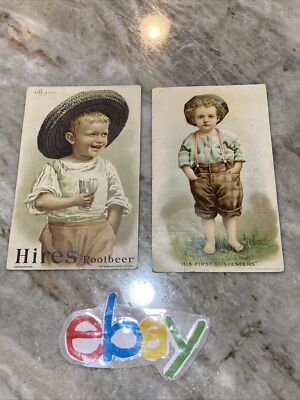 1896 Hires Root Beer Trade Card of Boy His First Suspenders & All Gone