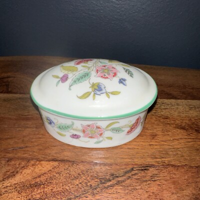 Minton Trinket Box with Lid Porcelain w/ Hand Painted Flowers Vintage England