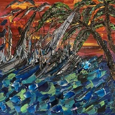 14x14 Thick Impasto Style Painting Seascape Lots of Texture FREE SHIPPING