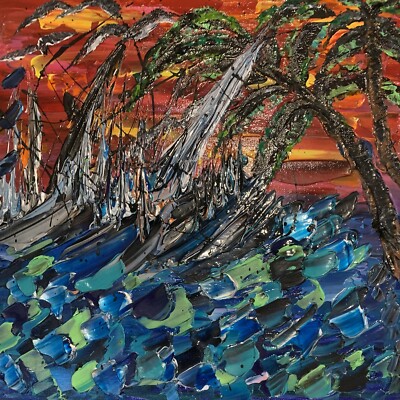 14x14 Thick Impasto Style Painting Seascape Lots of Texture FREE SHIPPING