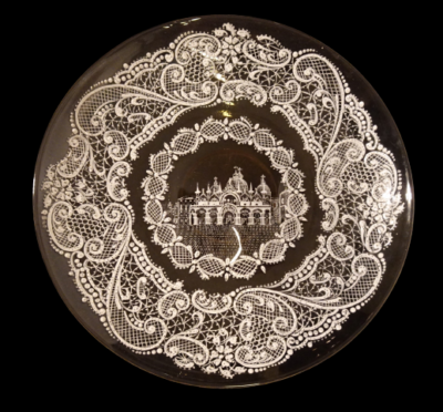 LARGE GLASS ENAMELED LACE PLATE BOWL SALVIATI MOSER ANTIQUE