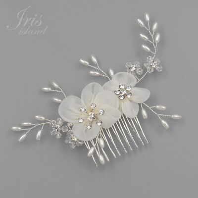 Bridal Hair Comb White Silk Flower Crystal Pearl Headpiece Wedding