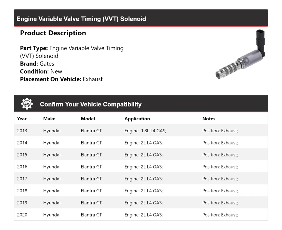 Portões de escape solenóide 2014 2015 motor VVT Hyundai Elantra GT 2013-2020 - Imagem 2 de 4