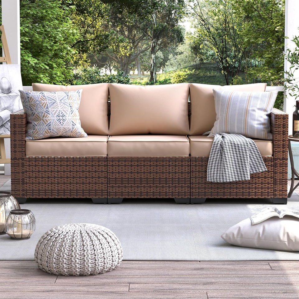 UDPATIO 3Seat Patio Wicker Sofa, Outdoor Rattan Sectional Couch