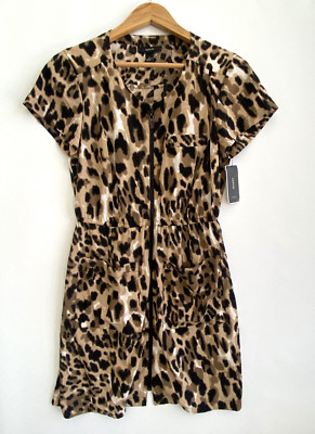 ALFANI Cheetah Animal Print Zip Front Dress Elastic Waist Pockets Size 8 NWT