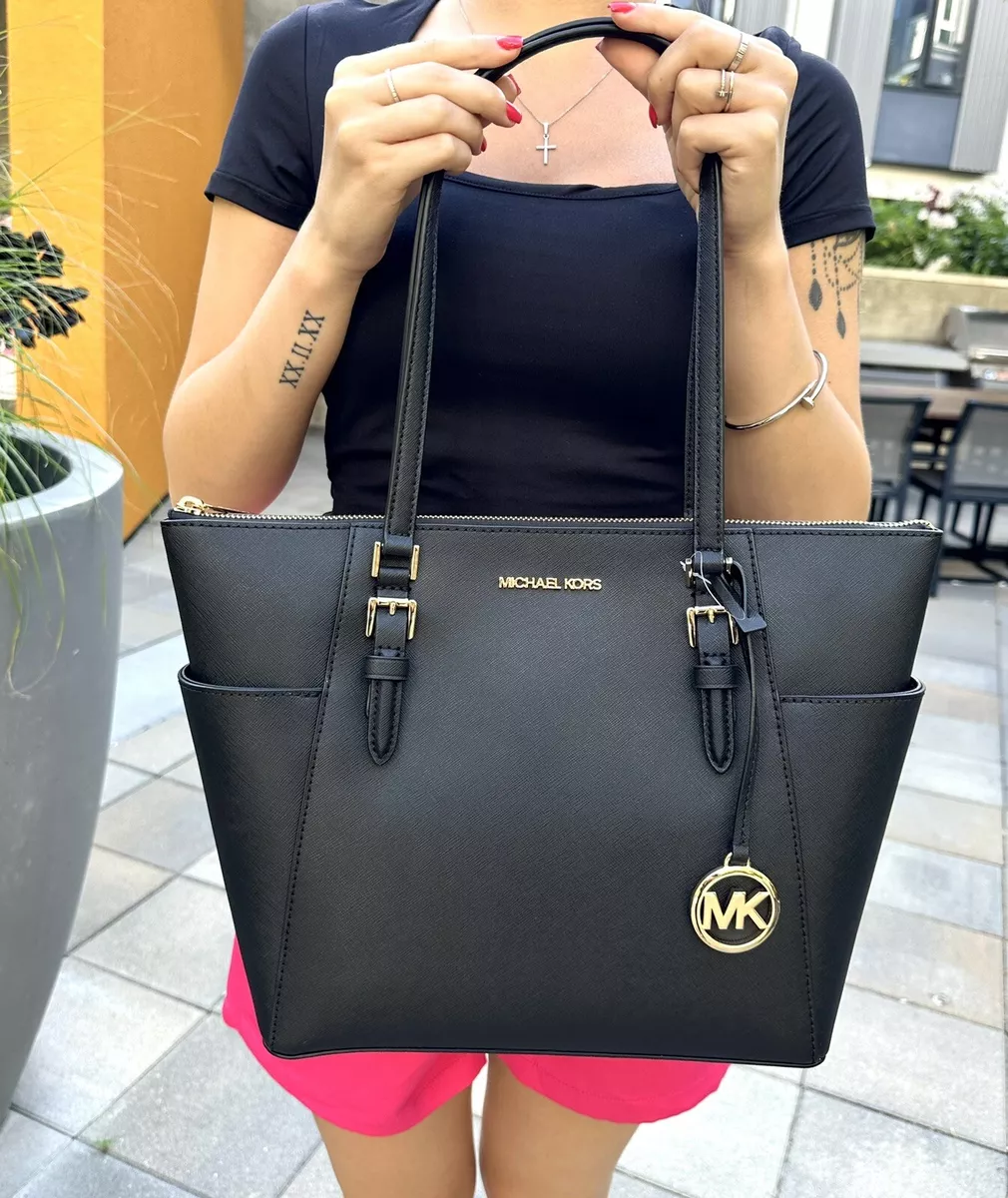 Michael Kors Charlotte Large Top Zip Tote Saffiano Leather in Black