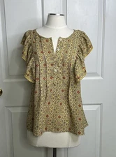 Max Studio Blouse Women’s Small Floral Yellow Split Butterfly Sleeve Office READ