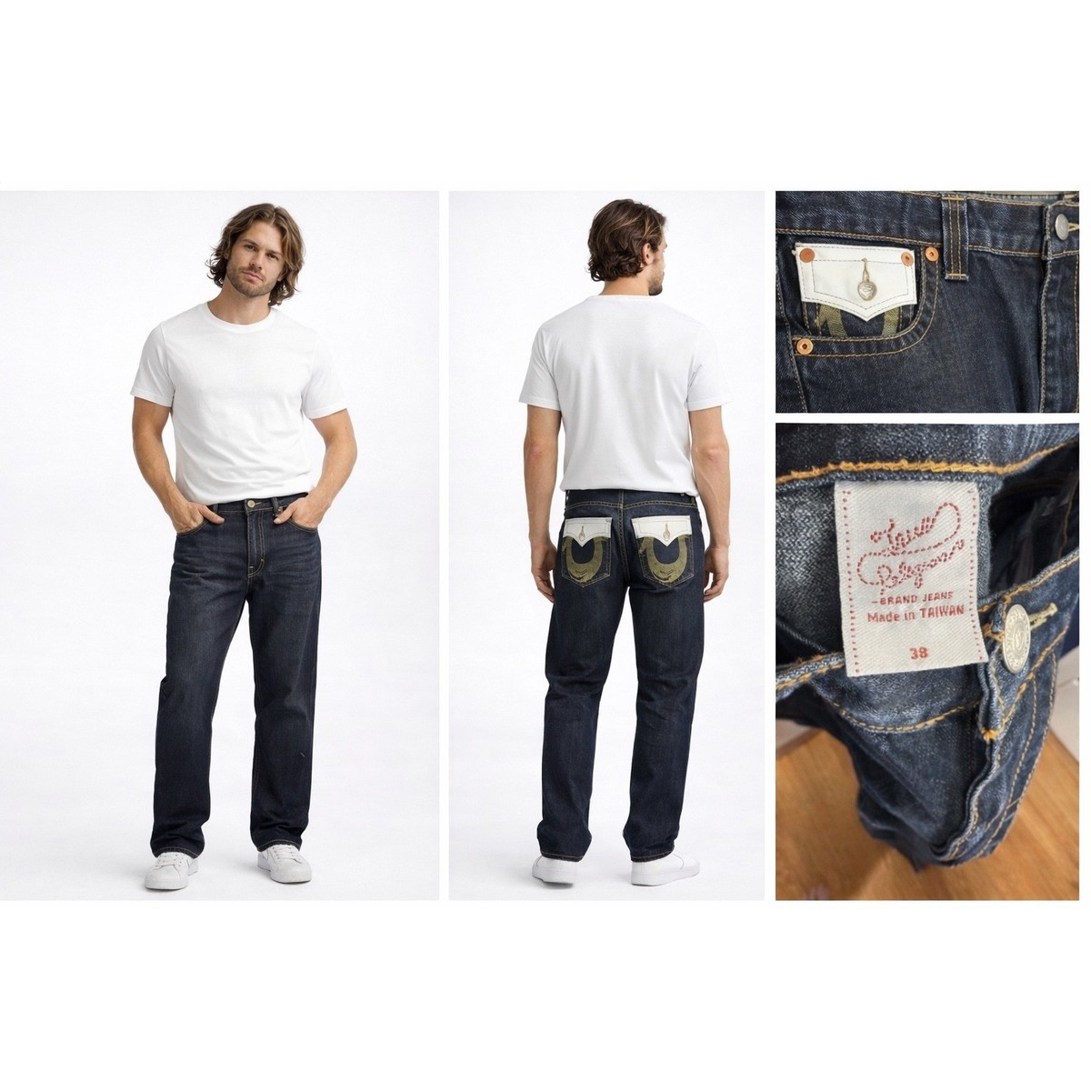 TRUE RELIGION WORLD TOUR デニムパンツ True Religion World Tour Mens Dark Wash Jeans Gold Horseshoe White
