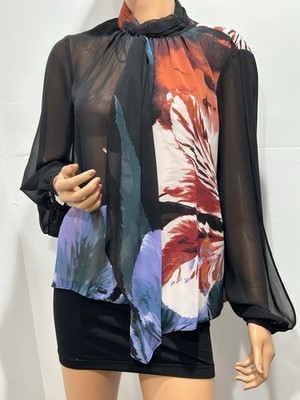 jennifer lopez blouse medium Black Floral Long Sleeve Open