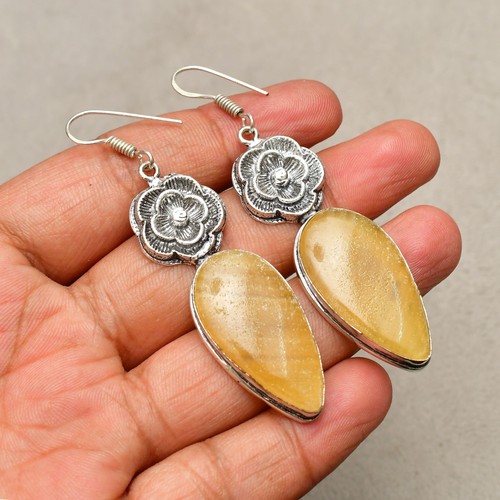 Aragonite Gemstone Handmade 925 Sterling Silver Jewelry Earrings 2.63"