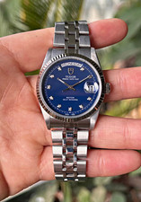 Tudor Prince Date Day 76214 36mm Blue Sunburst Diamond Dial 18K Fluted Bezel
