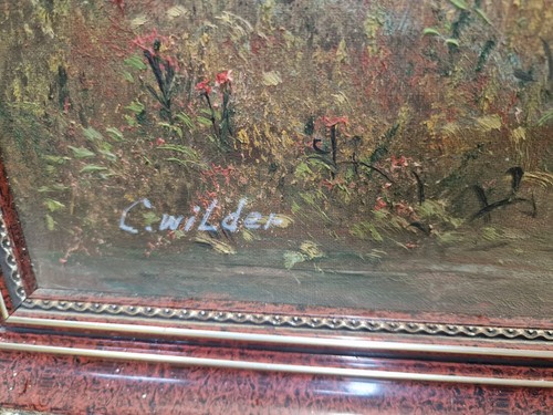 Original Signed Oil Painting, C. Wilder, Sheep Grazing by a Wildflower Stream (photo 5)