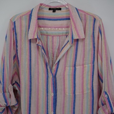 Velvet heart women s 3X long sleeve Pink Gold Metallic striped button Top Linen