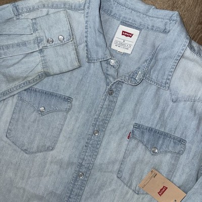 NWT Levi s Long Sleeve Denim Pearl Snap Shirt Men s XL Light Blue Wash Western