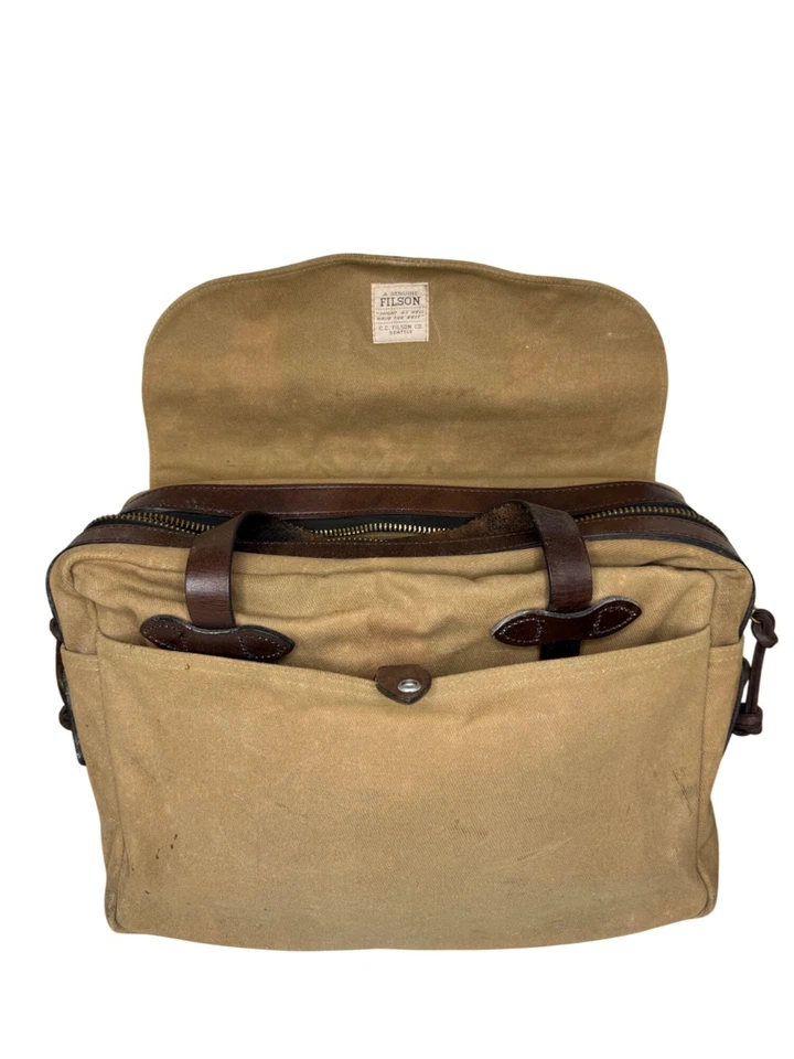 Maletín de cuero tostado con cremallera de sarga resistente Filson vintage sin Str Foto 4 de 4