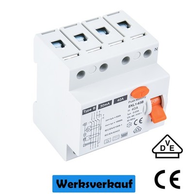FI Fehlerstromschutzschalter RCD TypB 63/40A Wallbox Allstromsensitiv Solarpanel