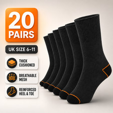 20 Pairs Mens Dark Grey Work Sport Socks UK 6-11 Cushioned Reinforced Heel Toe