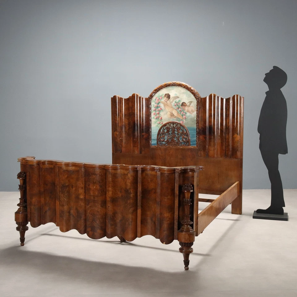 Antique Bed Art Deco Walnut Walnut Burl Italy XX Century Original - Image 2 of 4