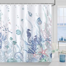 Nautical Coastal Shower Curtain, Blue Ocean Beach Themed Seahorse Seashell St...