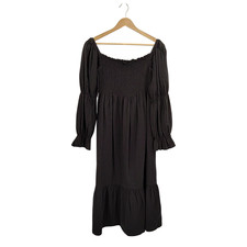 Quince Women 100% Organic Cotton Gauze Maternity Smocked Midi Dress Black M