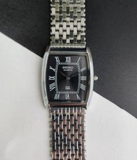 Vintage Seiko Slim Tank Quartz Men Black Dial Dress Watch-Free Shipping