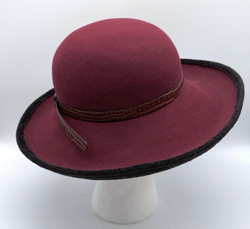 Vintage Oscar De La Renta Milinary Hat Cranberry Felt Croc Embossed Trim Sm/Med - Picture 5 of 6