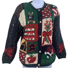 VTG Eagles Eye Knit Cardigan Size S Tassel Cow Tail Patriotic Americana Hearts