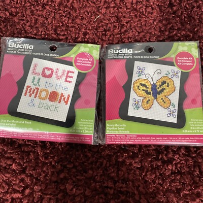 2 Bucilla Mini Counted Cross Stitch Kits Butterfly & ''LOVE u to the MOON & back