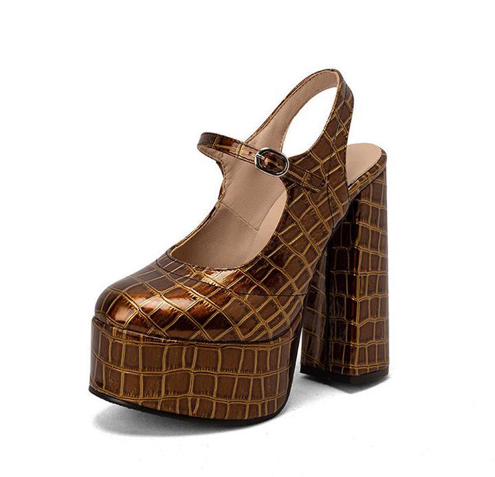 Women's Mary Jane Round Toe Platform High Block Heel Shoes Slingback Oversize