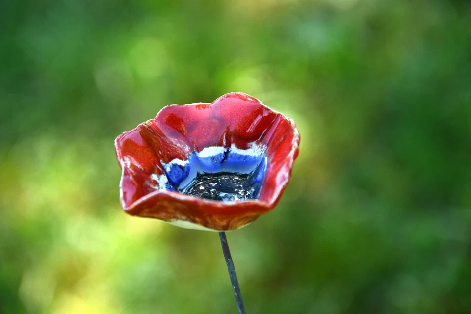 Keramik Gartendeko Mohnblume Gartenstecker Blumenstab H45cm Midene Handgefertigt - Bild 4 von 4