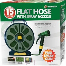 15m Flat Garden Outdoor Watering Hose Pipe and 50ft Reel With Spray Nozzle Gun